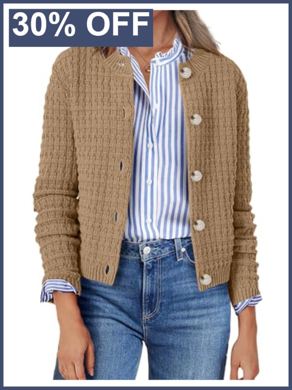 100% Acrylic Button Down Cardigan Long Sleeve Ribbed Knit Office Sweater